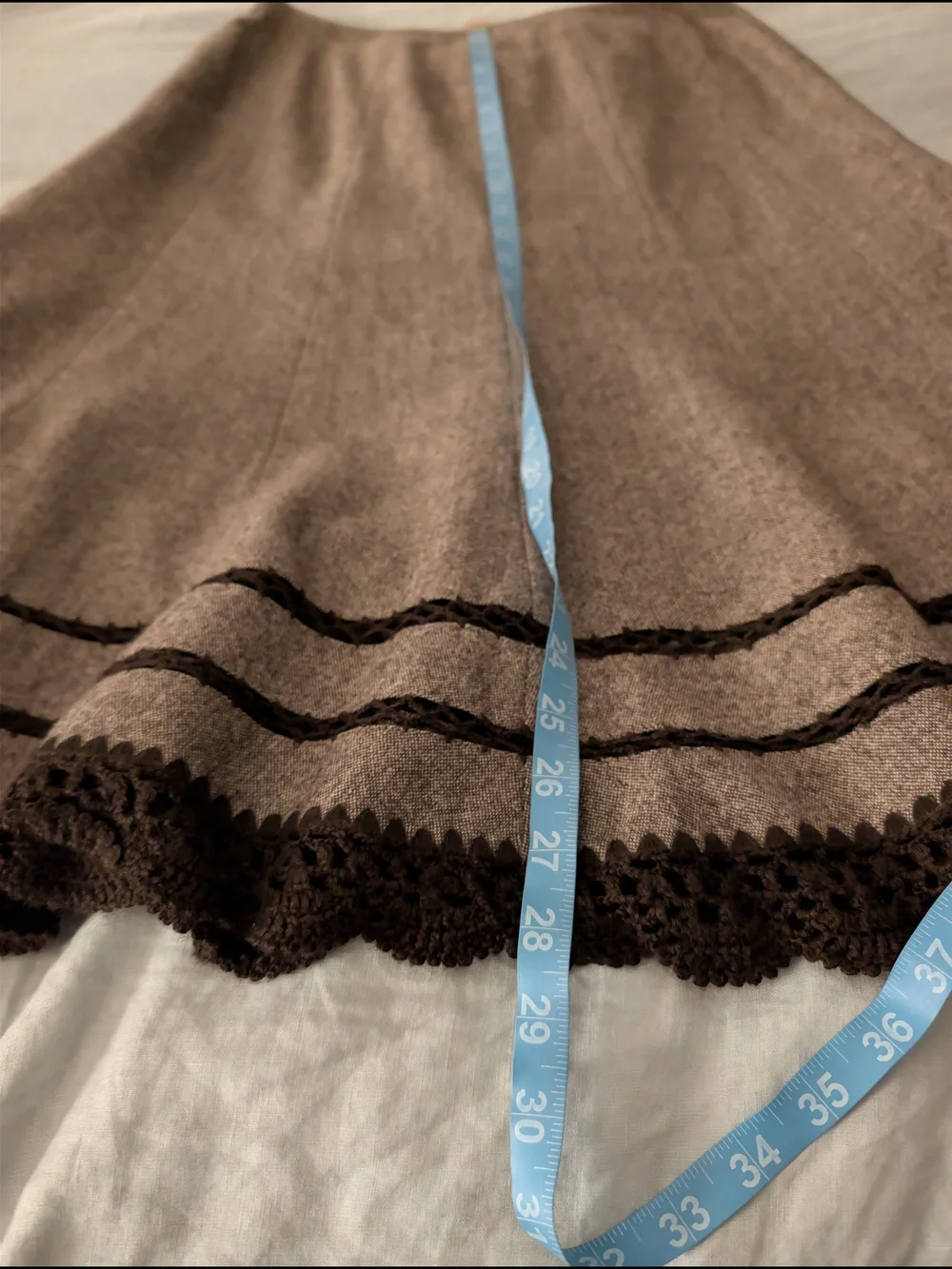 Talbots Wool Silk Blend Midi Skirt Brown Crochet Lace Hem A-Line Lined Size 8